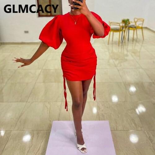 Women Solid Color Lantern Sleeve Pleated Bodycon Mini Dress