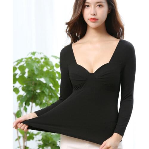 Women 2021 Autumn Winter Thermal Underwear Tops with Chest Pad Female Slim Warm Bottoming Tops Ladies Soft Warm Base Tops E522