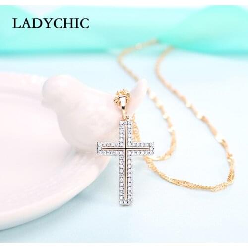 LADYCHIC Lucky Female Cross Crystal Pendants Gold Chain Necklaces AAA Level Shiny Zircon Choker Necklace Fashion Jewelry LN1078