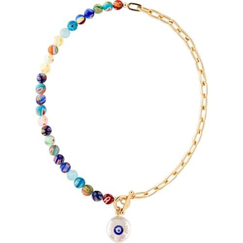 Handmade chunky links chain bohemian evil eye pearl pendant JENGA SENNA millefiori glass beaded necklace women