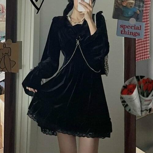 Japanese Black Gothic Dress Women Spring Elegant Retro Party Mini Dress Girl Sweet Long Sleeve Slim Dresses Chic Punk Dress New