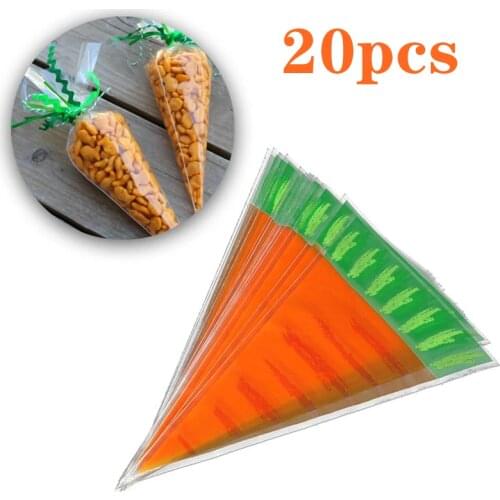 20pcs/bag Carrot Candy Bag Easter Bunny Rabbit Gift Bag Candy Cones Transprant Plastic Bag Kids Birthday Party Decoration