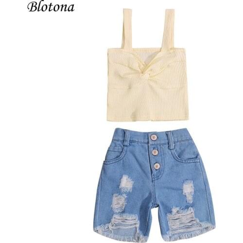 Blotona Kids Girls Summer Casual 2Pcs Set Fashion Solid Color Twisted Suspender Tops and Ripped Denim Short Pants, 2-7Years