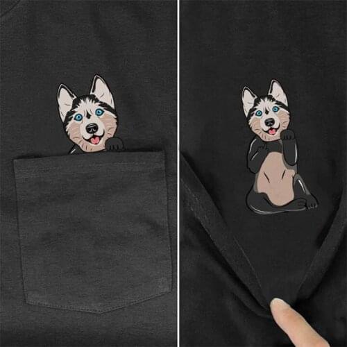 Cotton T-Shirt Fashion Summer Pocket Siberian Husky Printed Cotton T-shirt Men for Women Funny Black Tee Tops