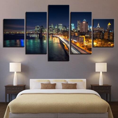 Painting Wall Art Abstract Decorative Modular 5 Panel City Night View Framework Canvas Pictures For Living Room Bedroom Prints