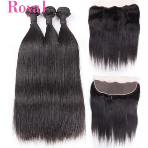 ROYAL Indian Straight Hair Bundles 3/4 Bundles With Frontal 13*4 Human Hair Bundles With Closure 4"x4" Top Remy Lace Closure