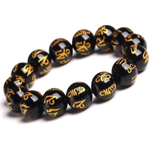 Natural Black Obsidian Six-Word Mantra Bracelet For Women Man Round Beads Crystal Lucky Gemstone Jewelry 8mm 10mm 12mm 14mm 16mm