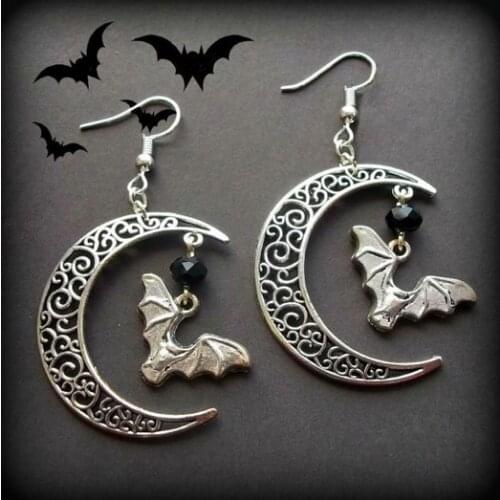 Flying Bat & Crescent Moon Earrings,Hollow Moon Earrings, Gothic Vampire Bat Women Jewelry