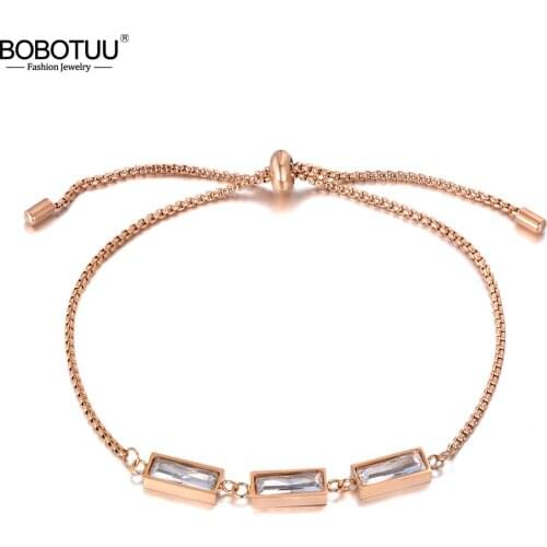 BOBOTUU Original Design Sparkling CZ Crystal Charm Bracelets For Women Girl Rose Gold Stainless Steel Box Chain Bracelet BB19102