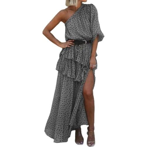 Fashion Women Dress Skew One Shoulder Collar Asymmetric Polka Dots Print Slit Hem Long Dress 2021 Sexy Party Maxi Dress vestidos