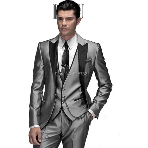 2017 Men business Suit men wedding Suits slim fit fashion Shiny Grey men suits with pants men groom tuxedos jacket+pant+vest+tie