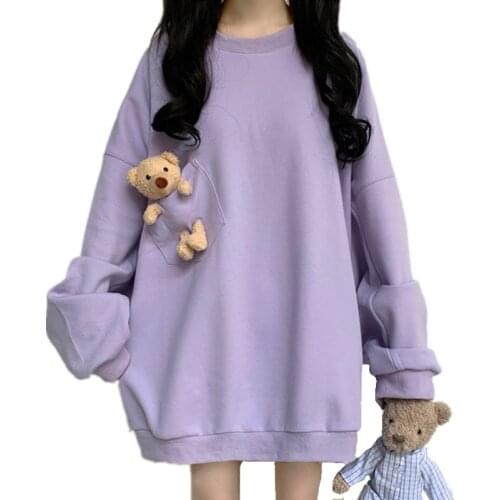 Richkeda Store New 2021 Autumn New Women Harajuku Kawaii Hoodie Soft Pullover Sweatshirt With Pocket Plush Bear Solid Outwear