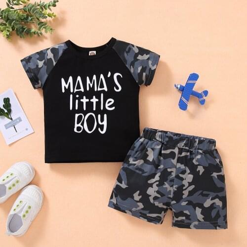 0-3Y Summer Baby Boys Clothes Sets 2pcs Letter Camouflage Patchwork Short Sleeve T Shirts Tops Shorts