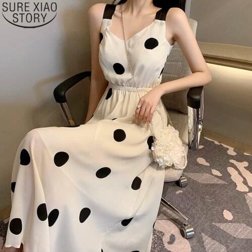 Sexy Backless Sleeveless Camisole Summer Dress Vintage Polka Dot Print Dress French High Waist Midi Long Dresses Robe Chic 14953