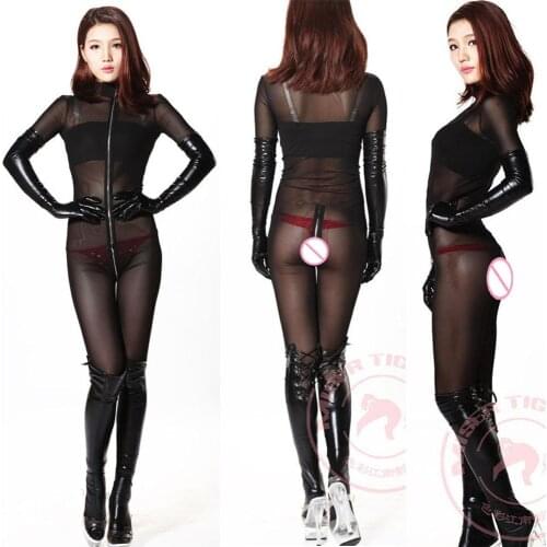 Plus Size Transparent Long Sleeve Bodysuit Rompers Womens Jumpsuit Zipper Open Crotch Bodystocking Sexy Hot Erotic Lingerie Body