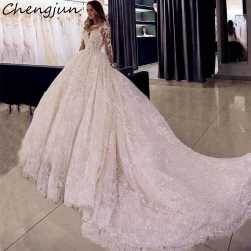 Chengjun Luxury Gorgeous Sequins Lace Long Sleeve Long Train Wedding Dresses Ball Gown