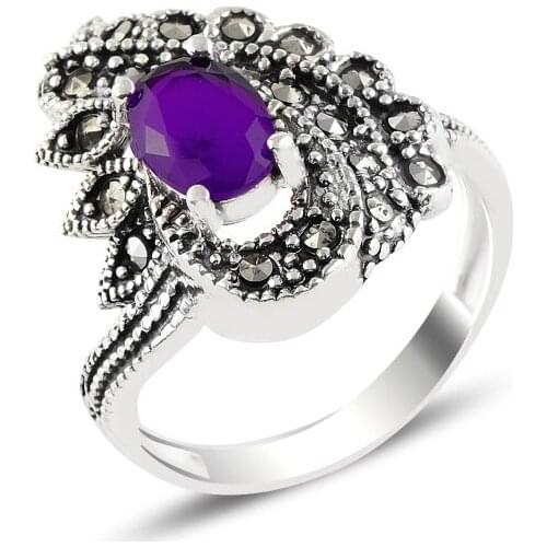 Silver 925 Sterling Amethyst Zircon & Marcasite Ring