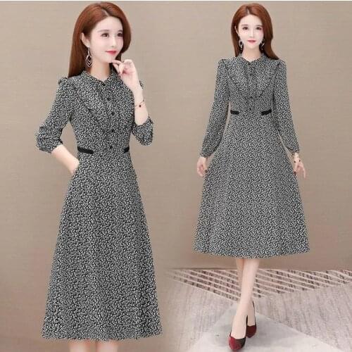 Vintage Long Sleeve Floral Dress Women 2021 Spring Elegant Slim Waist Mid-Length Party Dress Fashion Casual Print A-Line Dresses