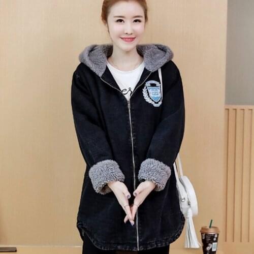 Autumn Winter New Thick Lambswool Womens Denim Jackets Long Sleeve Loose Medium Length Female Warm Hooded Overcoats Plus Size