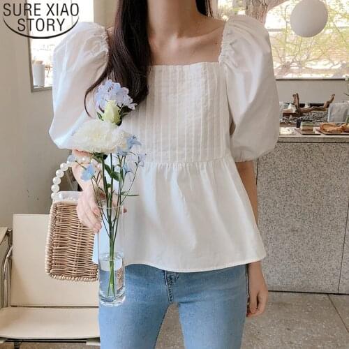 2021 Women Blouses Femme Cotton Puff Short Sleeve Blouse Loose Ladies Shirts Korean Style Square Neck Summer Women Tops 15091