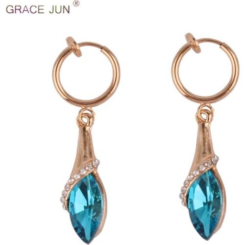 GRACE JUN New Arrival Rhinestone Crystal Clip on Earrings for Women Party Gold/silver Plated Needn't Ear Hole Ear Clip