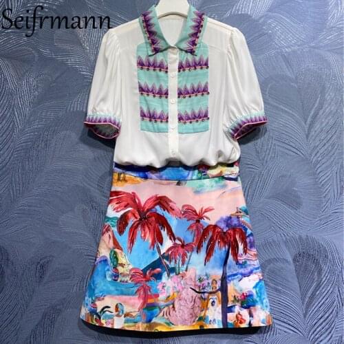 Seifrmann New 2021 Summer Women Fashion Designer Skirts Set Lantern Sleeve Loose Blouses + High Waist Beading Print Skirts Suits