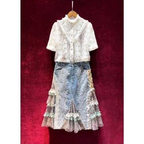 Women Skirt Suit High Quality Lace Top Handmade Embroidery Denim Skirt Set Female Summer Two Piece Clothing 2021 New