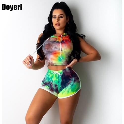 Women Casual Two Piece Shorts Set Summer Hoodies Tracksuits Tie Dye Crop Top and Short Set Sweat Suit Women 2 Piece Matching Set