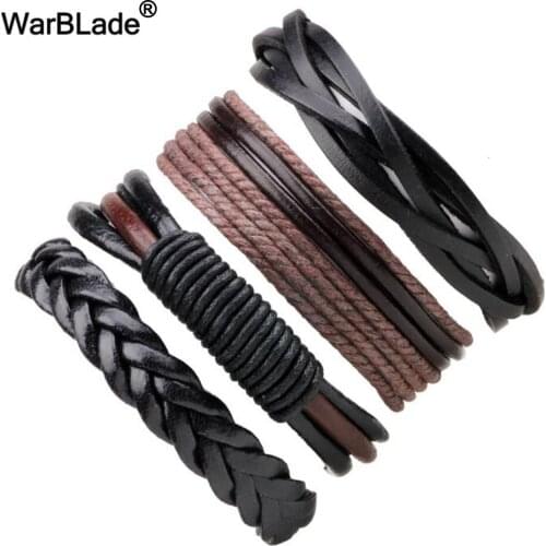 2018 New Fashion 1set/6pcs Men Bracelet Vintage Genuine Leather Braid Bracelets Bangles For Women Punk Wristband Man Jewelry