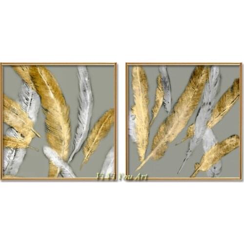 Abstract 100% Hand Painted shining canvas painting Golden pigment poster modern wall art Feather pictures for living room decor