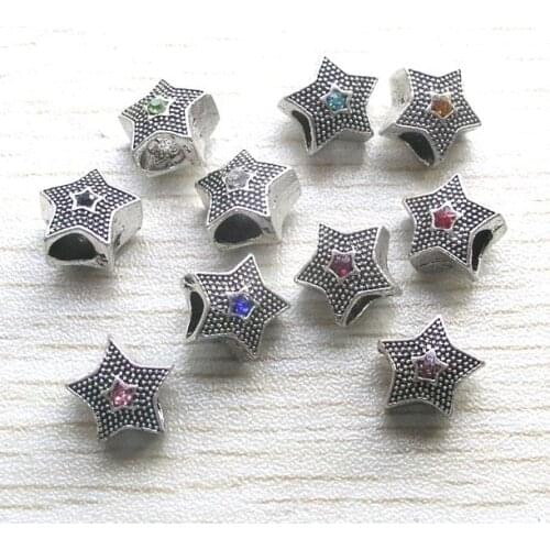 Free shipping 50pcs antique silver plated alloy big hole five star mix color beads charms fit European bracelet DIY
