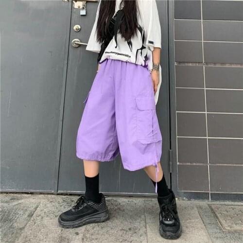Women Purple Wide Leg Baggy Pants High Waist Harajuku Cargo Pants Women Pockets Streetwear Loose Joggers Plus Size Female Pants