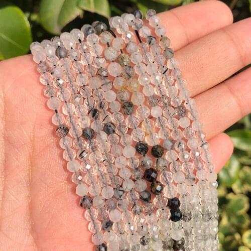 Natural Gems Bead Faceted Black Rutilated Quartz Stone Round Loose DIY Beads for Jewelry Making Handmade Bracelet 15'' 2/3/4mm
