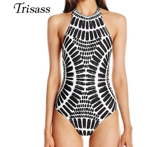 Trisass Digital Print Black One Piece Swimsuit Women Monokini Sexy Swimwear High Cut BathingSuit Backless Beachwear Bodysuit