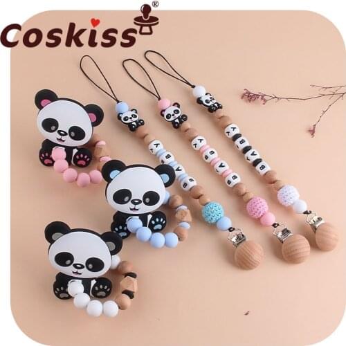 Coskiss 1set Baby Pacifier Chain Holder and Eco-friendly Panda Silicone Beads And Beech Beads Teether Bracelet Shower Gift