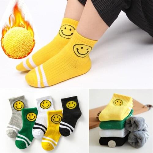 Children terry socks breathable absorbent cylinder big child sock new smiling face letters cotton socks 2019 new warm