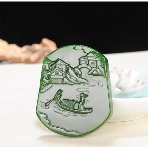 Chinese Natural Scenery Green Jade Pendant Necklace Hand-carved Charm Jadeite Jewelry Fashion Amulet Gifts for Men Women