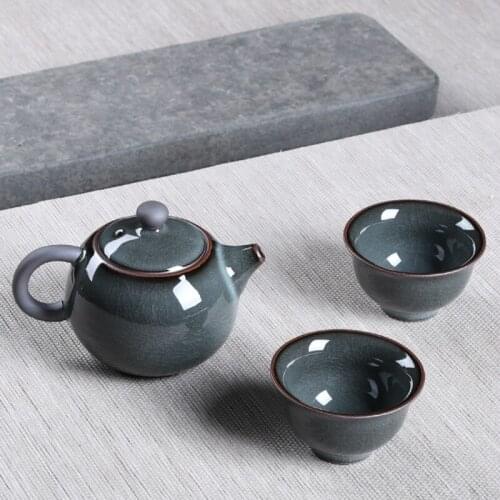 Chinese Style Handmade Celadon Enameled Cast Iron One Pot Two Cups Porcelain Kung Fu Tea Set Teapot Handmade Teapot Teacup Set