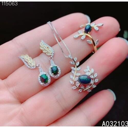KJJEAXCMY fine jewelry 925 sterling silver inlaid natural black opal Girl elegant Plant Leaf Pendant Ring Earring Set Support ch
