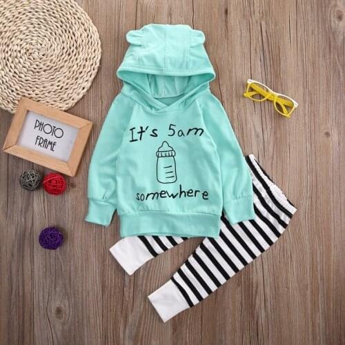 2019 Fall Baby Boy Girl Clothes Set Hooded Clothing Sets Infant Babies Kids Hoodie ItS 5 AM Somewhere Tops+Stripe Pants Outfits