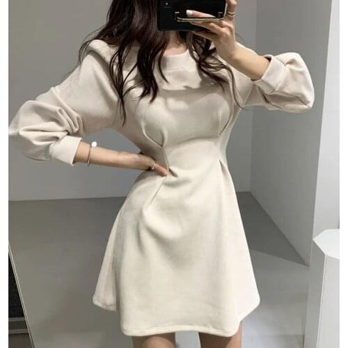 Korea Chic Elegant Light Mature Woman Autumn Winter Temperament Retro Waist Slim Round Neck Mini Dress Women Full X36