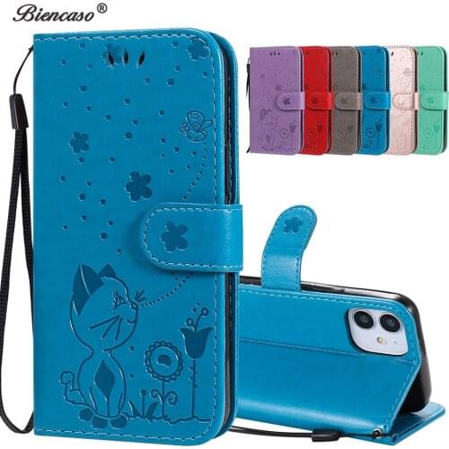 Cute Card Slot Leather Flip Capa For iPhone 12 11 Pro Max Cat Bee Cover For iPhone SE 2020 XR X XS 6 6S 7 8 Plus 5 5S Case Bag