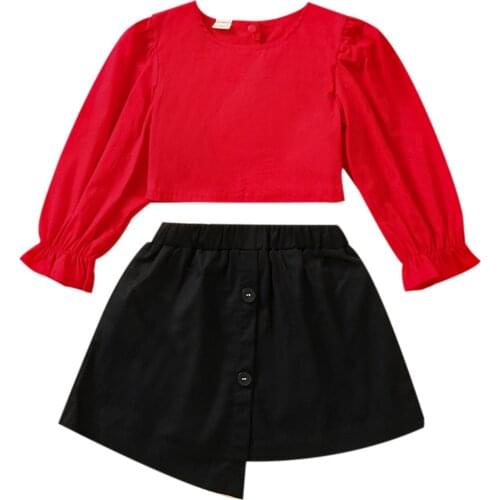 2021 1-6Y Fashio Girls Clothes Set Fall 2pcs Red Solid Color Round Collar Long Sleeve Pullover and Button Irregular Hem Skirt