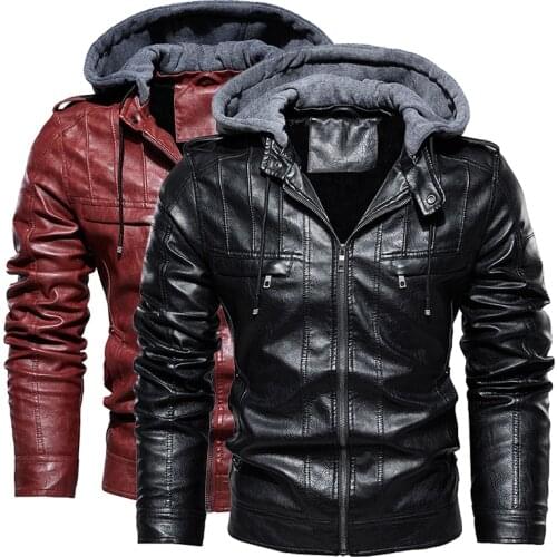 Mens Fashion Vintage Leather Jacket Zipper Hooded Casual Coat Men Winter Slim Motorcycle Jacket 2020 New Brand Clothing Outwear