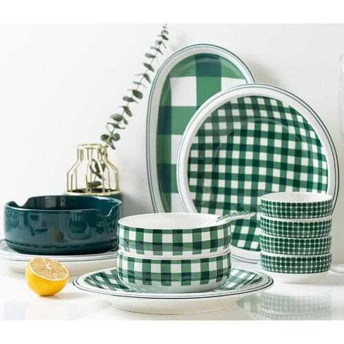 Green Plaid Series Plate Set Ceramic Kitchen Plate Tableware Set Food Dishes Rice Salad Noodles Bowl Soup Dishes Microwave Safe