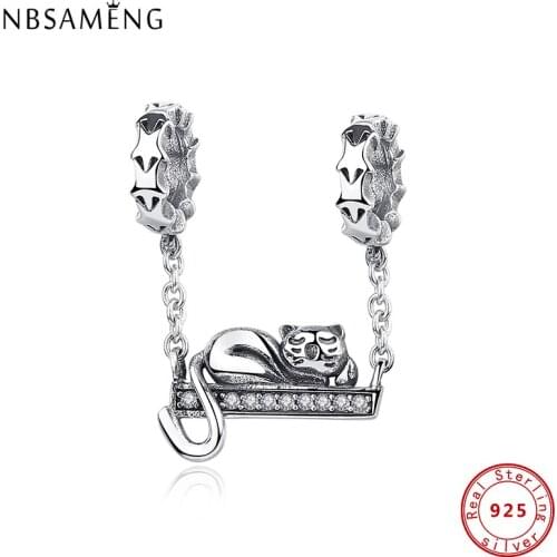 100% 925 Sterling Silver Charm Festive Swing Sleeping cat Fit Original Bracelet DIY Women Gift Jewelry
