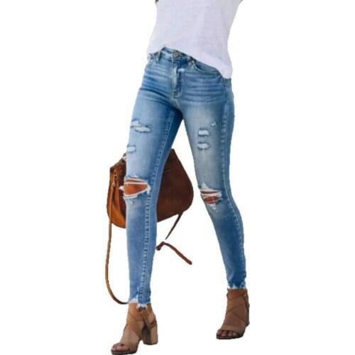 Autumn Women Denim Pencil Pants Fashion Sexy Knee Hollow Out Ripped Jeans Women Casual Skinny Distressed Jeans