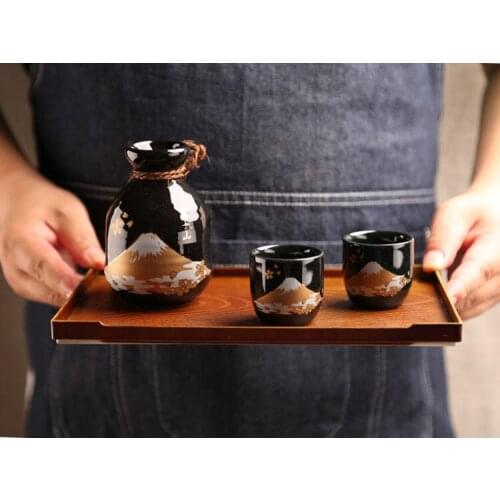 Japanese original imported sake set black gold Mount Fuji pottery white wine ceramic wine pot cup 3pcs set gift box