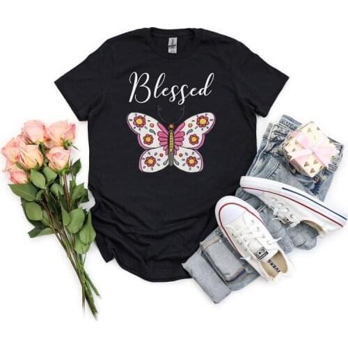 Blessed Womens T-Shirt Jesus Christ butterfly Shirt 100% Cotton O Neck Female Clothing Short Sleeve Tees Streetwear y2k top