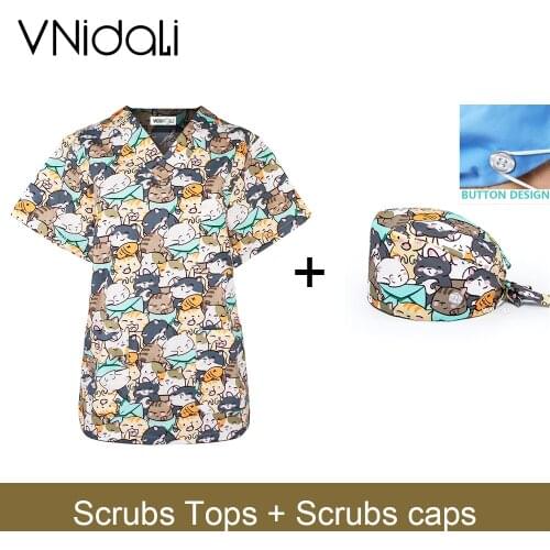 Women Wholesale V-neck Short Sleeved Spa Uniforms Scrub tops+cap nurse scrubs uniforms Health&Beauty Work Wear doctor costume